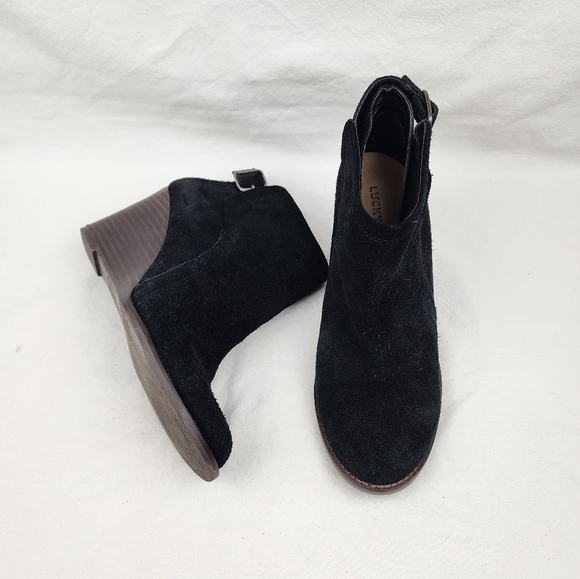 Lucky Brand Yasine  black suede leather wedge bootie size 7M - Picture 1 of 9